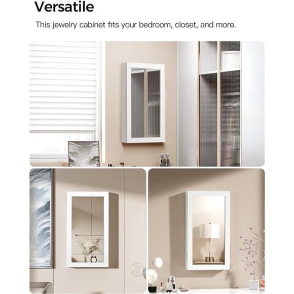 Lockable Jewelry Cabinet with Mirror, Wall-Mounted Space Saving Organizer, White - Picture 3 of 6